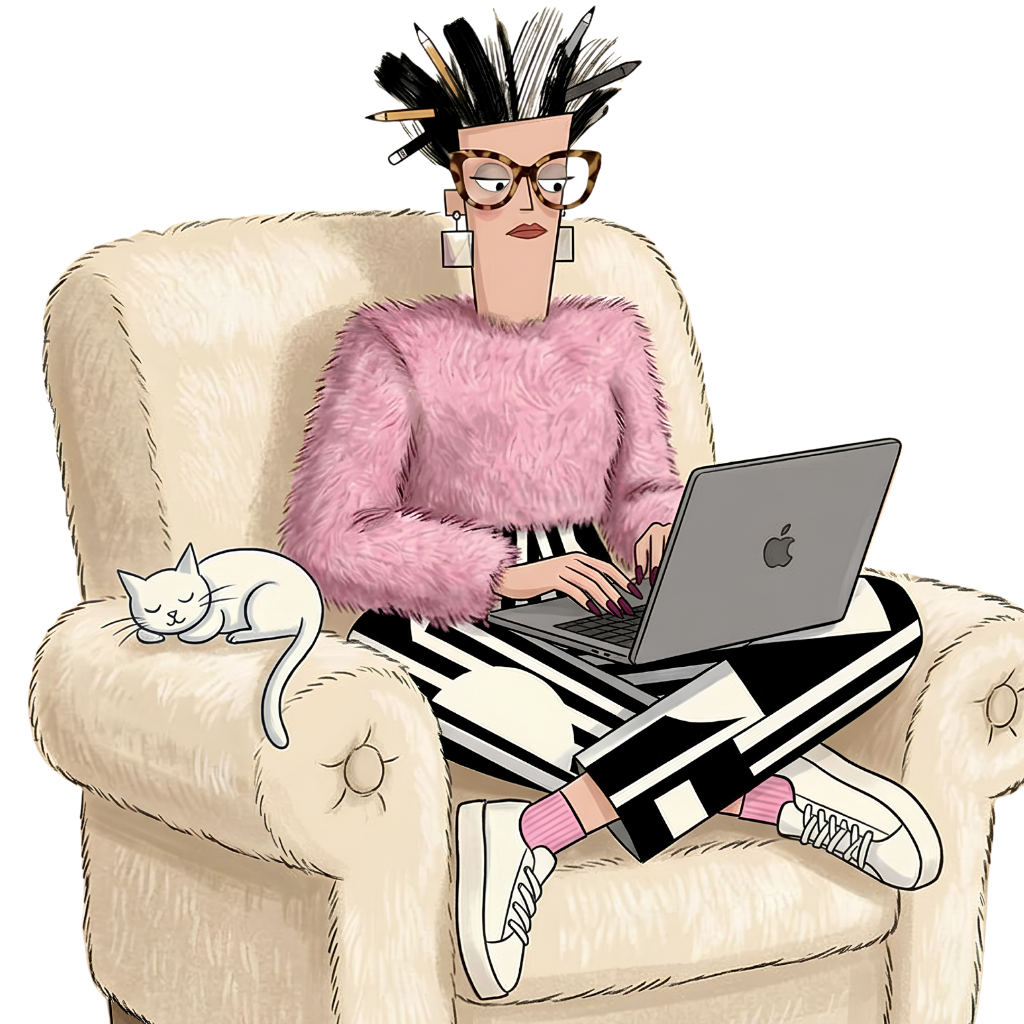 Bonnie, the LABONNI studio character, coding in an armchair