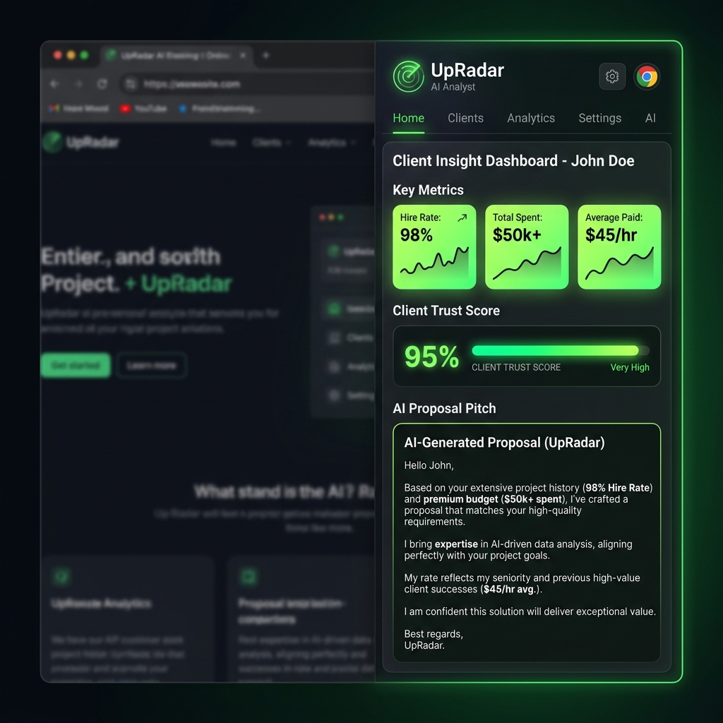 UpRadar AI Client insight panel screenshot showing trust ratings and proposal outputs