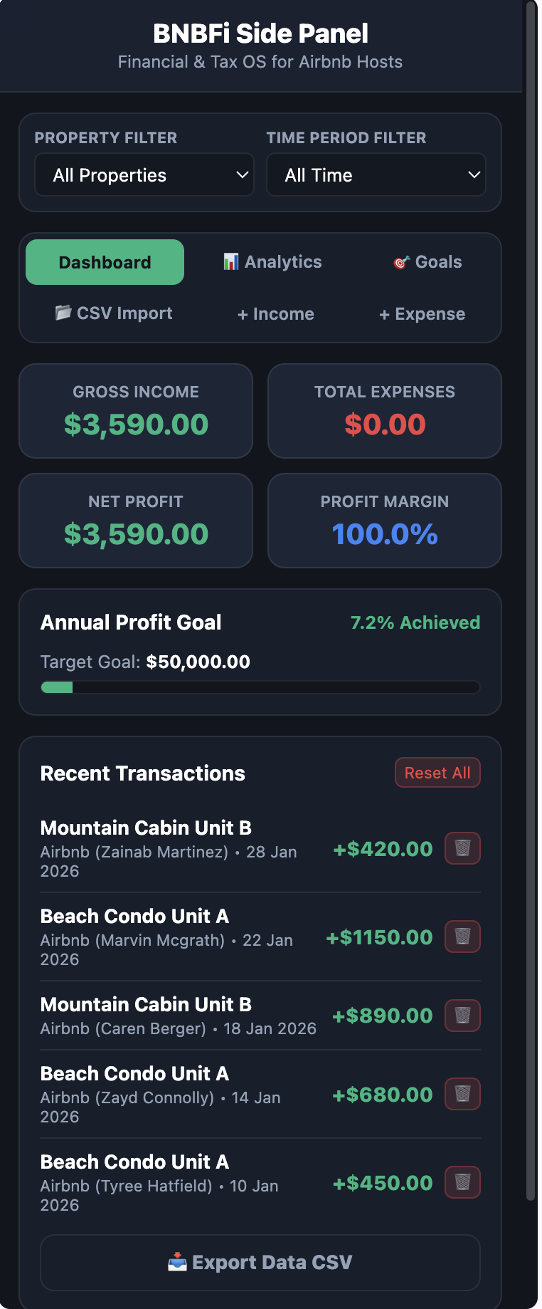BNBFi Chrome Extension Sidepanel Dashboard interface