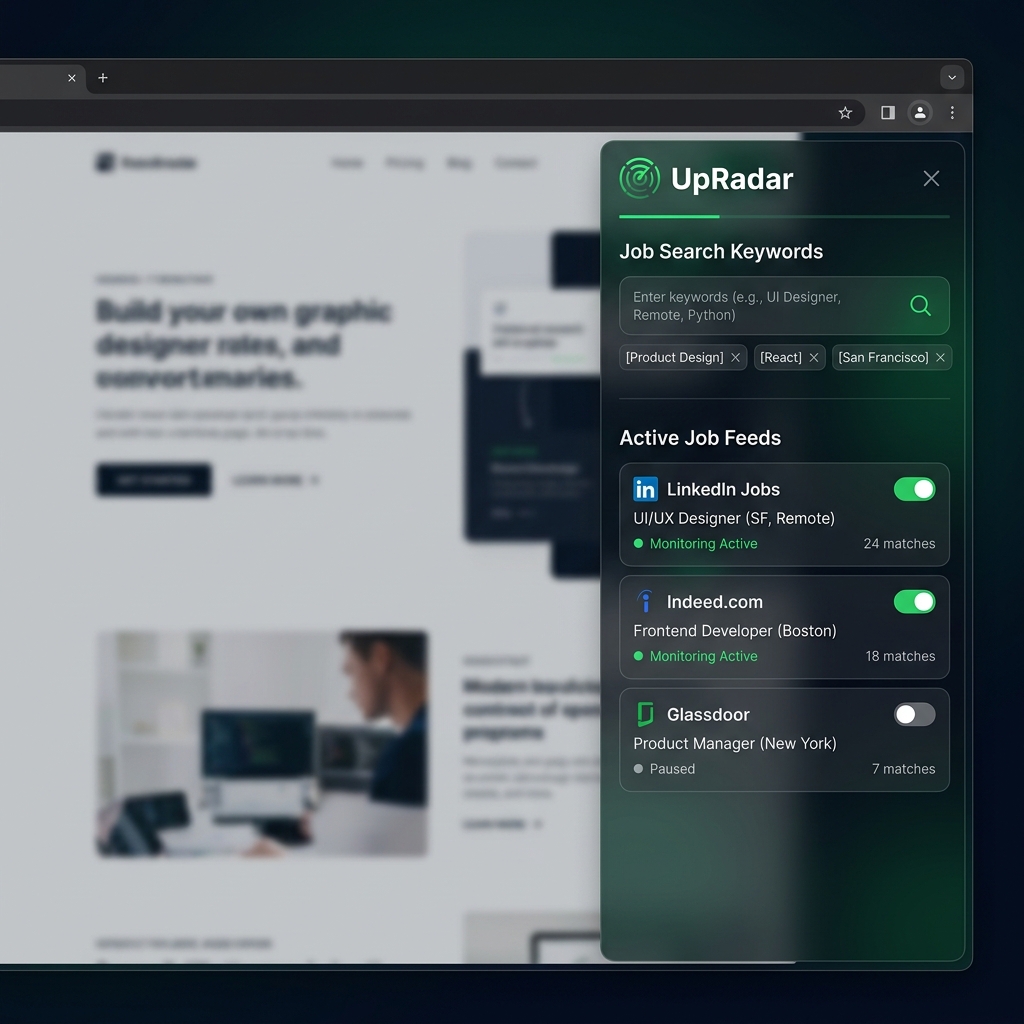 UpRadar Extension Dashboard layout showing keyword filters and recent jobs list