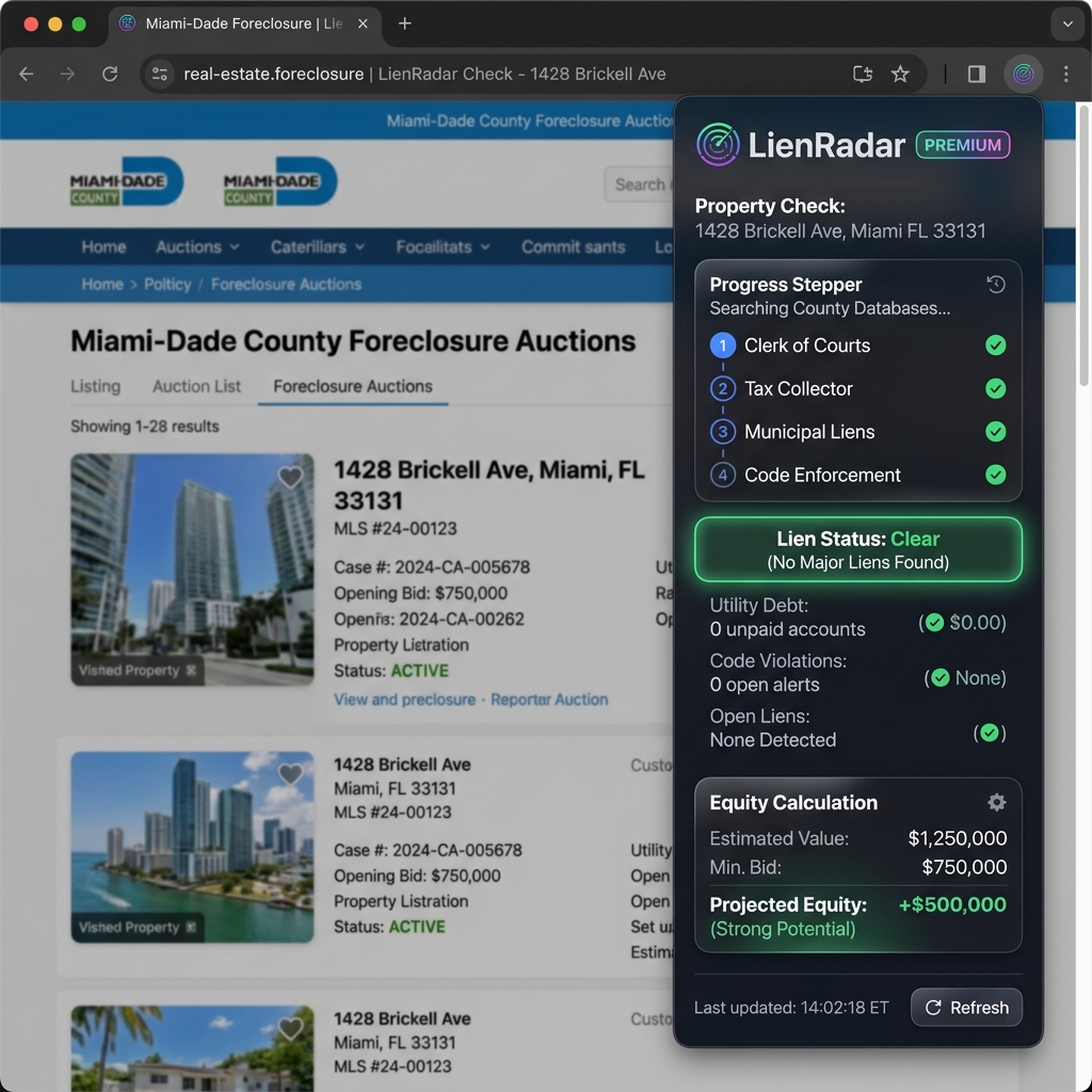 LienRadar Extension sidebar mockup checking parcel databases on realforeclose.com