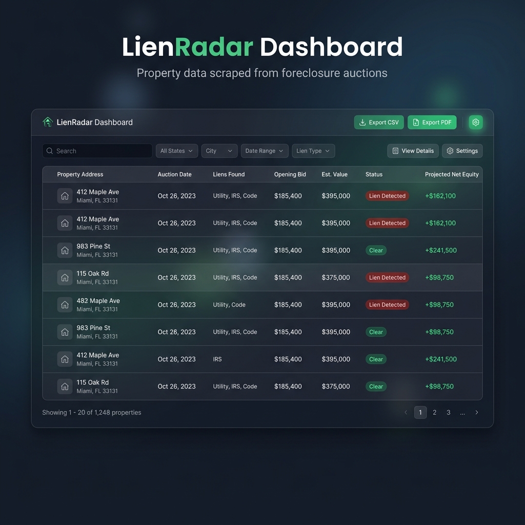 LienRadar web dashboard mockup aggregating foreclosure records