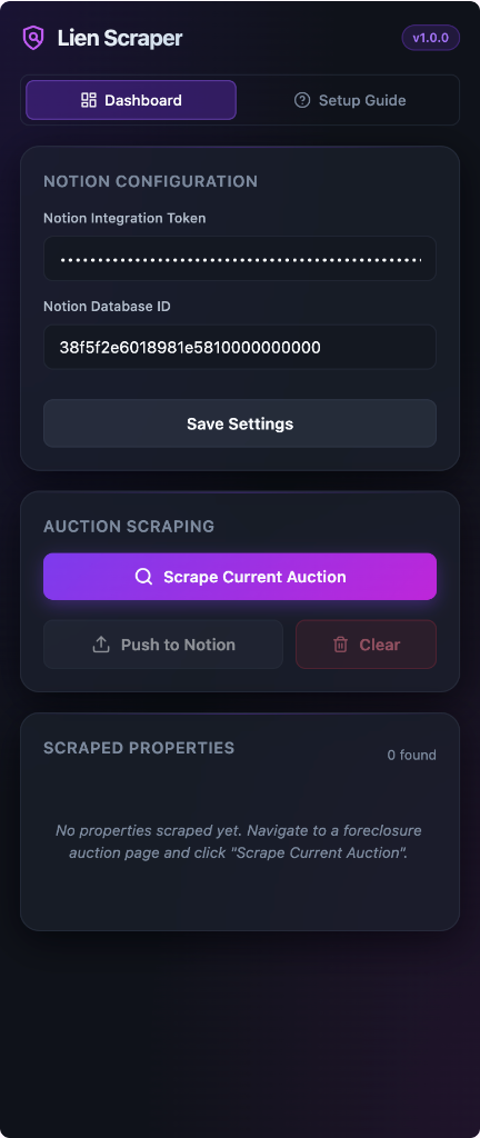 Real Lien Scraper Chrome Extension interface dashboard tab