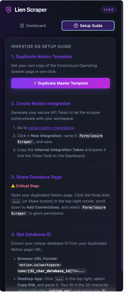 Lien Scraper Chrome Extension setup guide tab screenshot