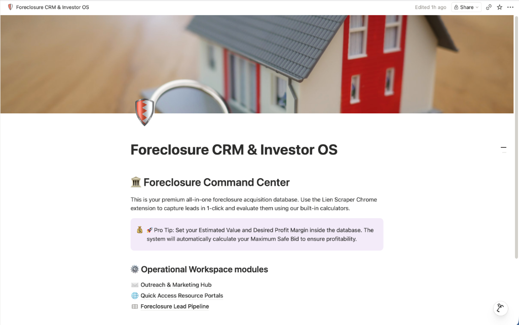Notion Foreclosure CRM and Investor OS Command Center Home