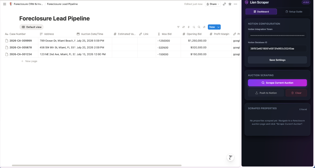 Lien Scraper and Notion CRM running side-by-side workspace