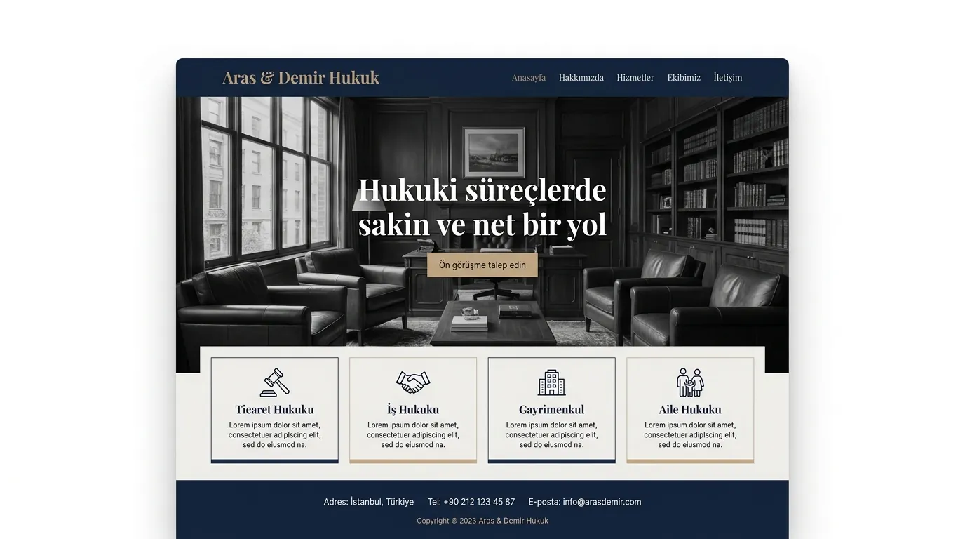 Sade ve güven veren hukuk bürosu sitesi tasarım önizlemesi